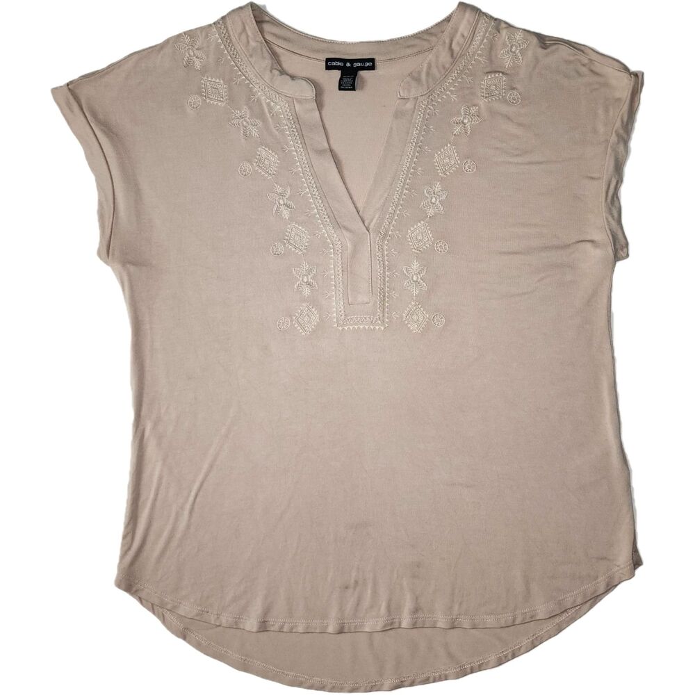 Cable & Gauge Beige Roll Sleeve V-Neck Knit Top Size M